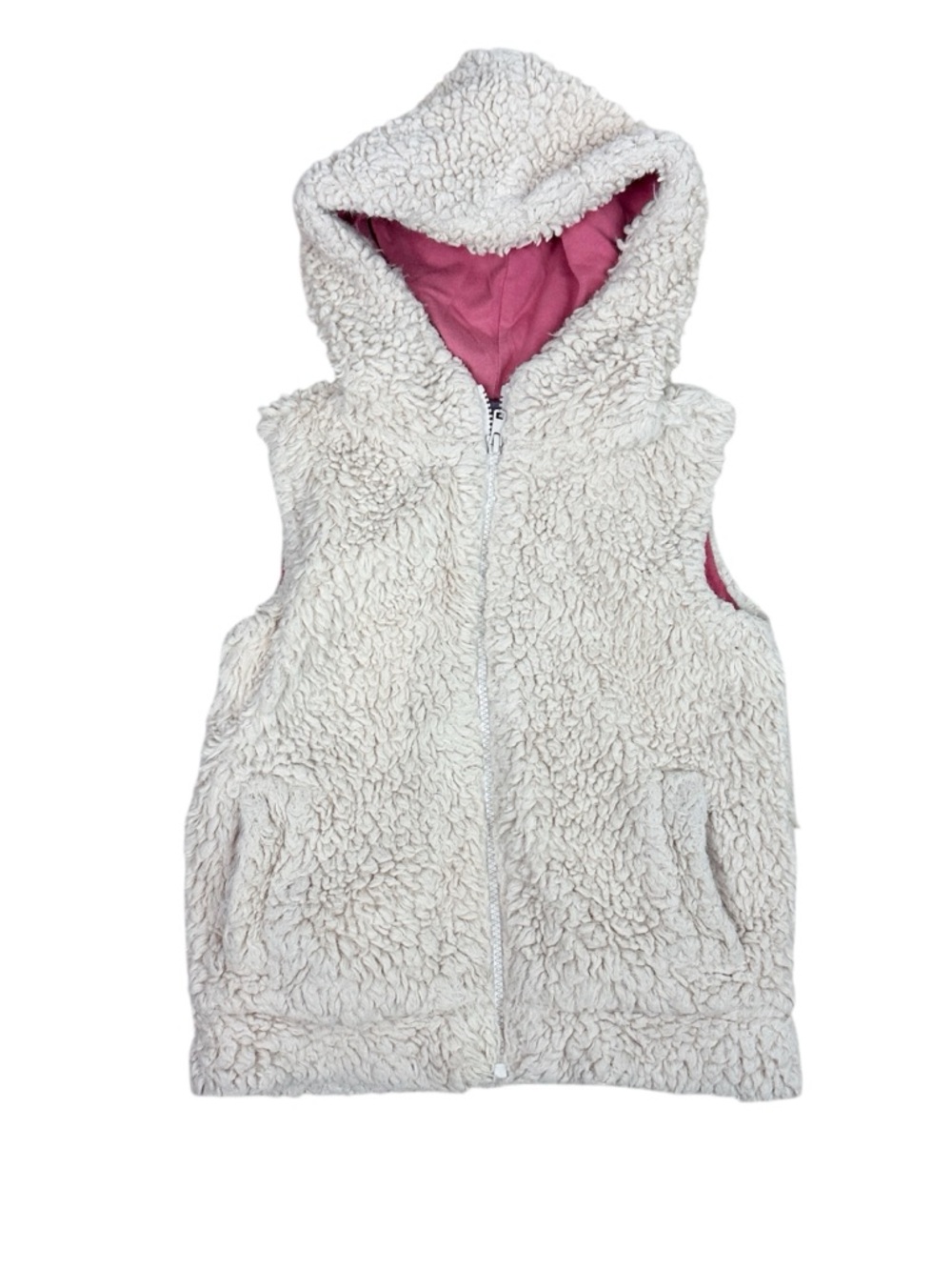 Mini Boden Girls Cream Sherpa Vest with Pink Hood Lining
